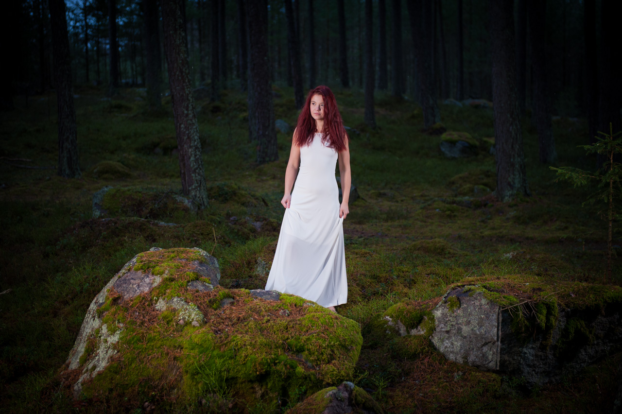 Liva, forest on location photography, model Sweden